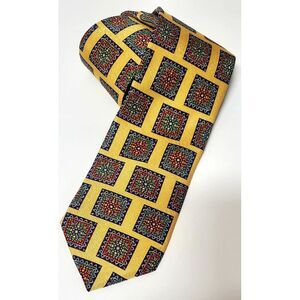 Tom James 100% Silk Tie USA Yellow/Purple/Red/Green Square Geometric Pattern